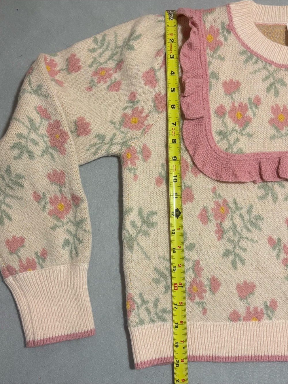 So Me L Pink Floral Ruffle Cardigan Coquette Cottagecore Puff Sleeve Sweater - Picture 13 of 15